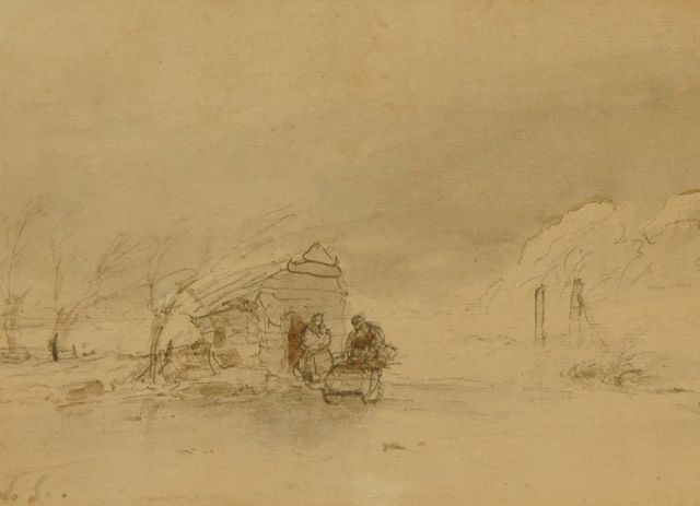 Andreas Schelfhout | Schaatser met slede bij een boerenhuisje, potlood en aquarel op papier, 14,5 x 19,7 cm, gesigneerd l.o. met initialen