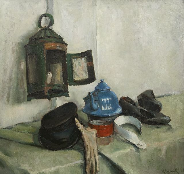 Henk Munnik | Stilleven met emaille ketel en lantaarn, olieverf op paneel, 70,0 x 73,3 cm, gesigneerd r.o. en gedateerd '35