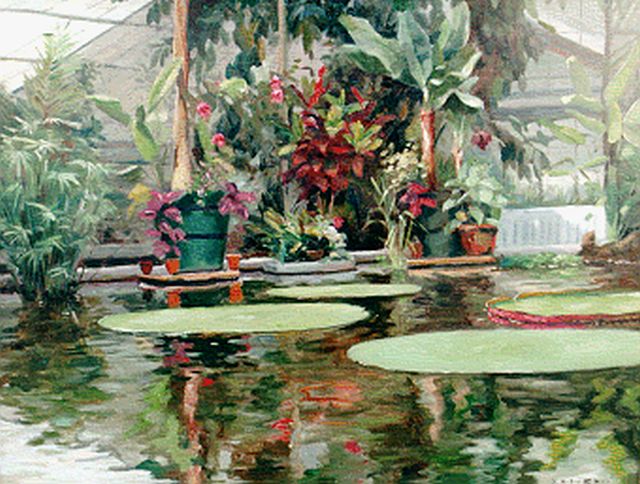 Willy Fleur | Botanische kas met Victoria Regina, olieverf op doek, 40,0 x 50,0 cm, gesigneerd r.o.