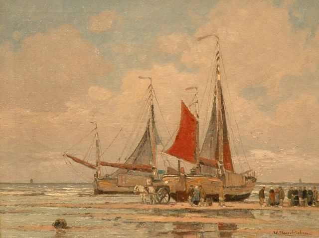 Wilhem Hambüchen | Het uitladen van de vangst, Katwijk, olieverf op doek, 60,6 x 80,4 cm, gesigneerd r.o.