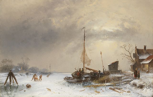 Charles Leickert | Bevroren rivier met schaatsers en ingevroren schuit, olieverf op paneel, 35,0 x 54,4 cm, gesigneerd r.o.
