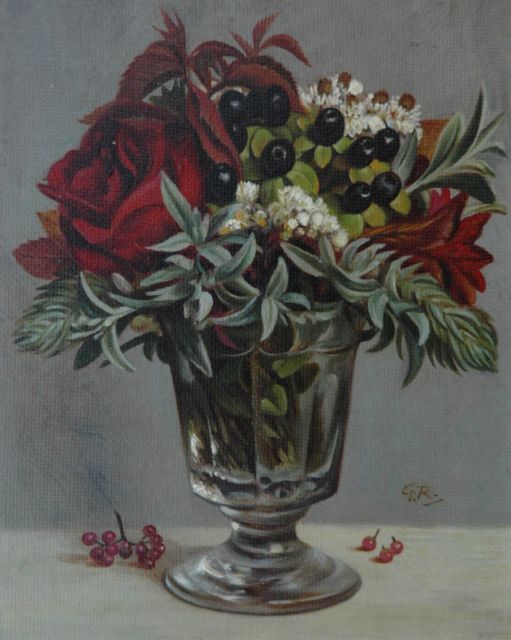 Gé Röling | Bloemstilleven in glazen vaas, olieverf op paneel, 19,0 x 15,1 cm, gesigneerd r.o. met initialen en verso voluit