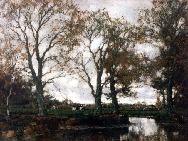 Arnold Gorter | Herfststemming in een bos met een beekje en koei, olieverf op doek, 37,0 x 49,0 cm