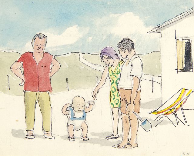 Kamerlingh Onnes H.H.  | De eerste stapjes op het strand, aquarel op papier 11,5 x 14,3 cm, gesigneerd r.o. met initialen