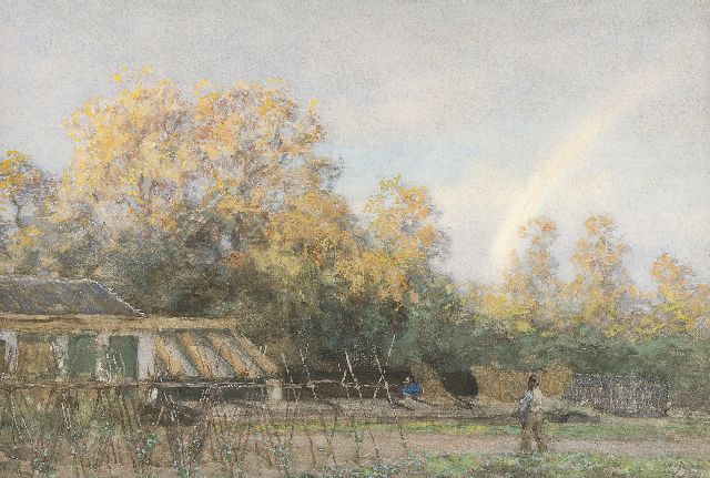 Willem Bastiaan Tholen | De groentetuin van Ewijkshoeve met regenboog, aquarel en gouache op papier, 35,6 x 53,6 cm, gesigneerd l.o.