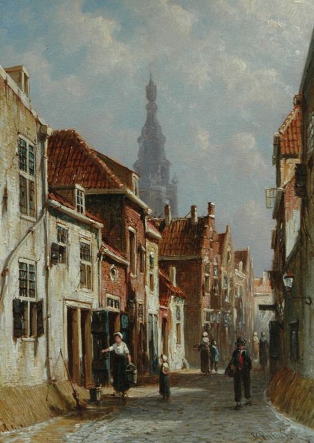 Petrus Gerardus Vertin | Zomers straatje met figuren, olieverf op paneel, 25,5 x 18,3 cm, gesigneerd r.o.