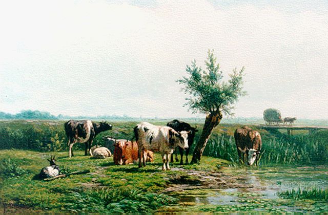Simon van den Berg | Vee langs de slootkant, olieverf op paneel, 30,5 x 39,2 cm, gesigneerd l.o.