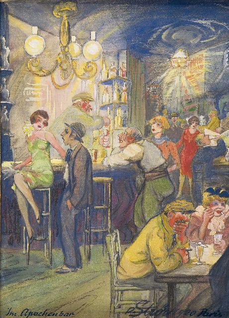 Paul Strör | In de Apachenbar, Parijs, gouache en olie op papier, 36,8 x 26,9 cm, gesigneerd r.o. en gedateerd '1920 Paris'