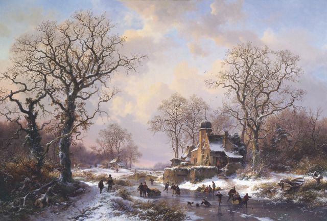 Frederik Marinus Kruseman | Winterlandschap met schaatsvertier bij een kasteel, olieverf op doek, 64,5 x 94,5 cm, gesigneerd r.o. en gedateerd 1871