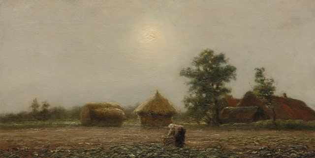 Evert Pieters | Boerin in een koolveld, Vlaanderen, olieverf op doek, 18,7 x 36,2 cm, gesigneerd l.o.