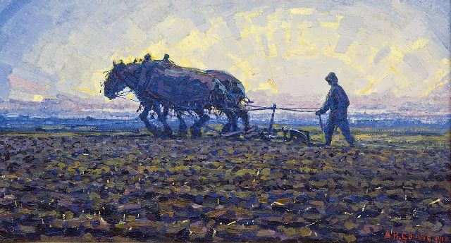 Herman Gouwe | Avondstond, Zuid-Limburg, olieverf op doek, 25,0 x 45,6 cm, gesigneerd r.o. en gedateerd 1916