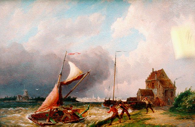 Pieter Cornelis  Dommershuijzen | Schepen bij de Moerdijk, olieverf op paneel, 27,5 x 38,0 cm, gesigneerd l.o. en gedateerd 1887