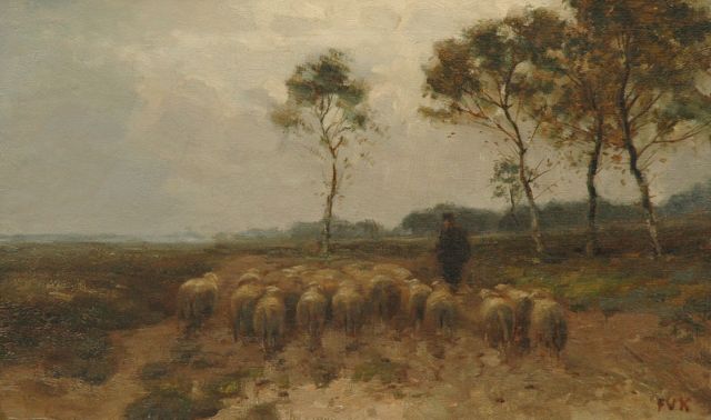 Fedor van Kregten | Drents heidelandschap met schaapskudde, olieverf op doek, 34,2 x 54,8 cm, gesigneerd r.o. met initialen