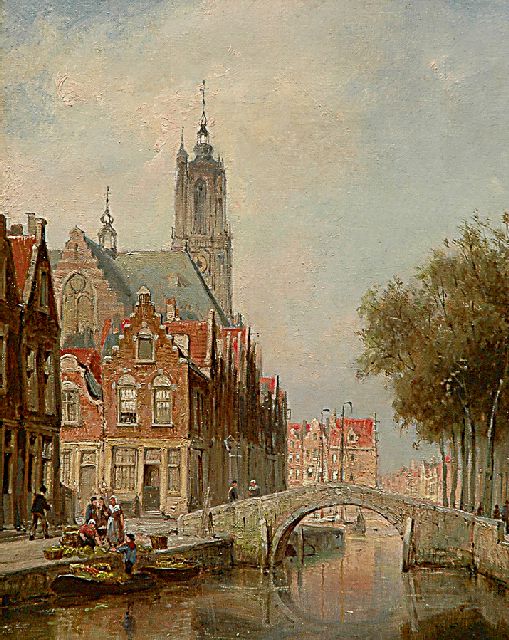 Christiaan Dommelshuizen | Gezicht op de Langegracht in Amersfoort met de O.L. Vrouwetoren, olieverf op doek, 38,4 x 31,2 cm, gesigneerd r.o. en gedateerd '97