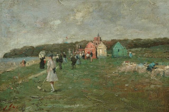 Engelse School | Croquet spelers in de duinen bij het strand, olieverf op doek op paneel, 20,5 x 30,6 cm, gesigneerd l.o. 'J. Guy'