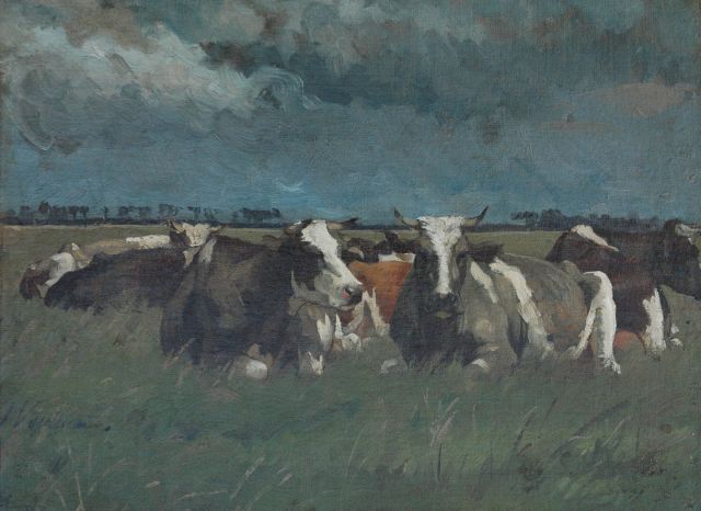 Jan Voerman sr. | Rustend IJsselvee, olieverf op doek, 30,3 x 41,3 cm, gesigneerd l.o.