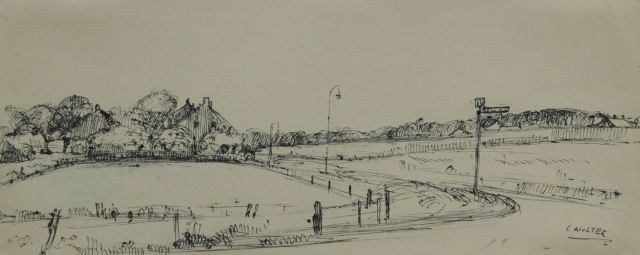 Cor Noltee | Landschap met boerderij, pen en inkt op papier, 12,4 x 30,1 cm, gesigneerd r.o.