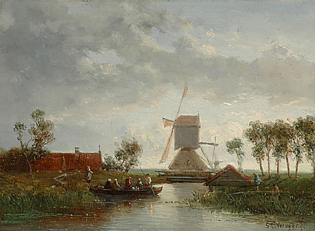 Salomon Verveer | Waterlandschap met voetveer en hengelaars, olieverf op paneel, 15,4 x 21,1 cm, gesigneerd r.o. en gedateerd '57