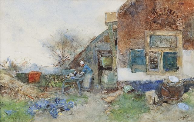 Willem van der Nat | Boerenerfje, aquarel op papier, 31,2 x 49,0 cm, gesigneerd r.o.