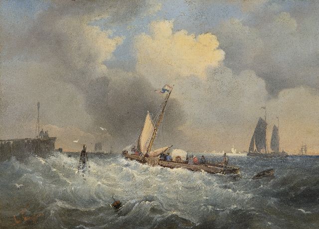 Jan Kuijpers | Zeilend veer op wild water, olieverf op paneel, 19,2 x 26,0 cm, gesigneerd l.o. en te dateren ca. 1860, zonder lijst