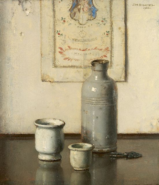 Jan Bogaerts | Stilleven met ronde zalfpotten, olieverf op doek, 31,6 x 27,7 cm, gesigneerd r.b. en gedateerd 1936
