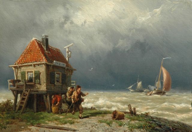 Jan H.B. Koekkoek | Figuren bij een veerhuisje, olieverf op paneel, 24,6 x 35,1 cm, gesigneerd l.o. en gedateerd '79