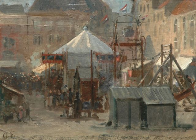 Otto Eerelman | Kermis op de Vismarkt in Groningen, olieverf op papier op paneel, 24,6 x 33,8 cm, gesigneerd l.o. met initialen