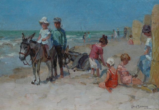 Soonius L.  | Zomerse dag op het strand, olieverf op doek 25,0 x 35,2 cm, gesigneerd r.o.