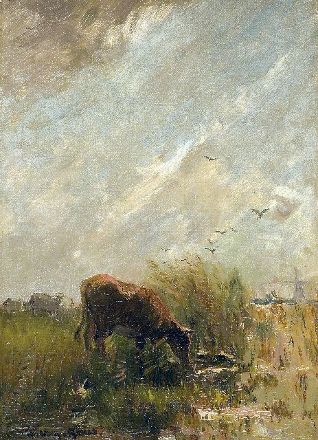 Willem Maris | Drinkende koe, olieverf op doek, 35,5 x 25,8 cm, gesigneerd l.o.
