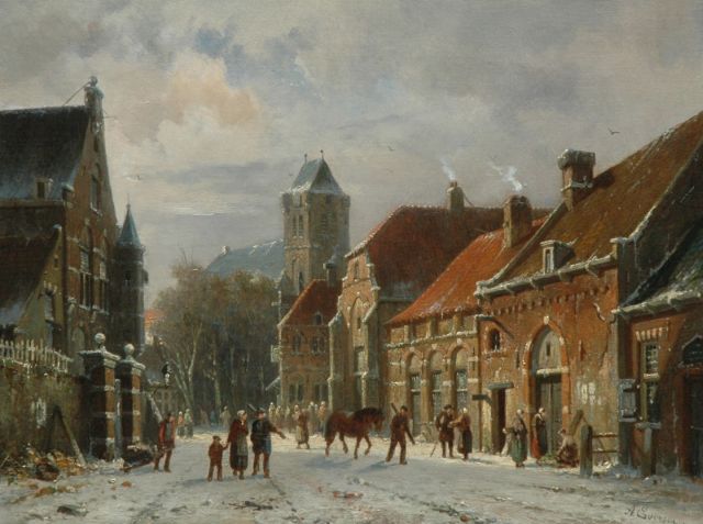 Adrianus Eversen | Winters stadsgezicht met figuren, olieverf op doek, 31,0 x 40,6 cm, gesigneerd r.o.
