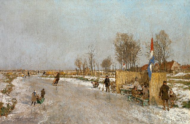 Johan Hendrik van Mastenbroek | IJsvreugde op Holland's vaarten, met koek en zopie, olieverf op doek, 47,2 x 71,2 cm, gesigneerd r.o. en gedateerd 1933