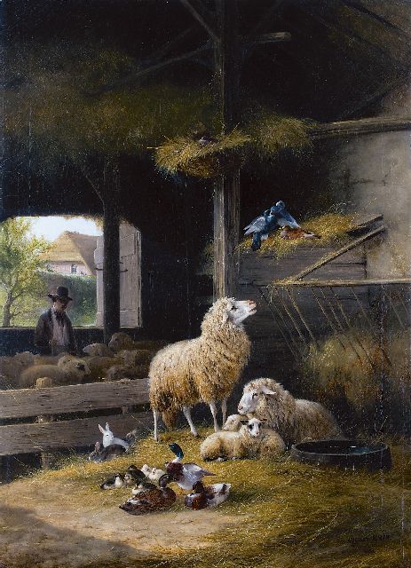 August Knip | Lente in de schaapskooi, olieverf op doek, 106,5 x 76,3 cm, gesigneerd r.o. en gedateerd 'Baden Baden 1858'