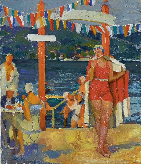Ferdinand Dorsch | Strandcafé aan de Tegernsee, Zuid-Duitsland, olieverf op doek, 56,2 x 46,4 cm, gesigneerd l.o. en gedateerd '29 'Dresden'