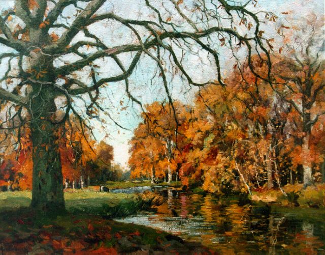 Jan van Vuuren | Bosbeekje op zonnige herfstdag, olieverf op doek, 55,0 x 71,0 cm, gesigneerd l.o.