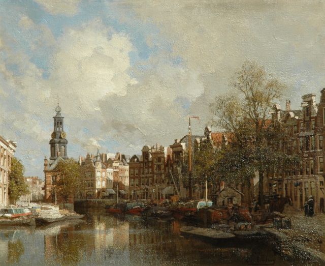 Karel Klinkenberg | De bloemenmarkt in Amsterdam met de Munttoren, olieverf op doek, 39,5 x 47,4 cm, gesigneerd r.o.