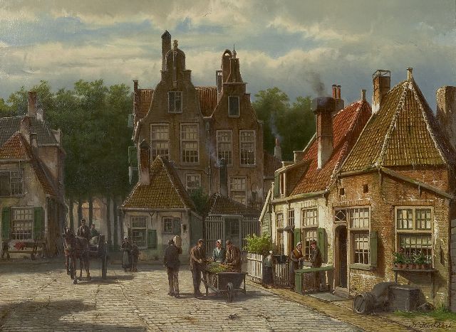 Willem Koekkoek | Dorpsbewoners op een zonnig plein, olieverf op doek, 44,5 x 60,7 cm, gesigneerd r.o.
