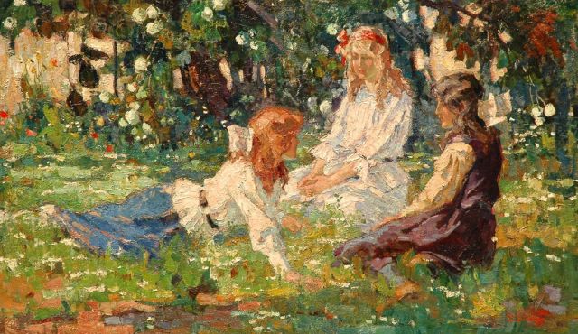Rob Graafland | Zomerweelde: drie meisjes in de tuin, olieverf op doek, 105,1 x 180,1 cm, gesigneerd r.o. en gedateerd 1918; verkocht