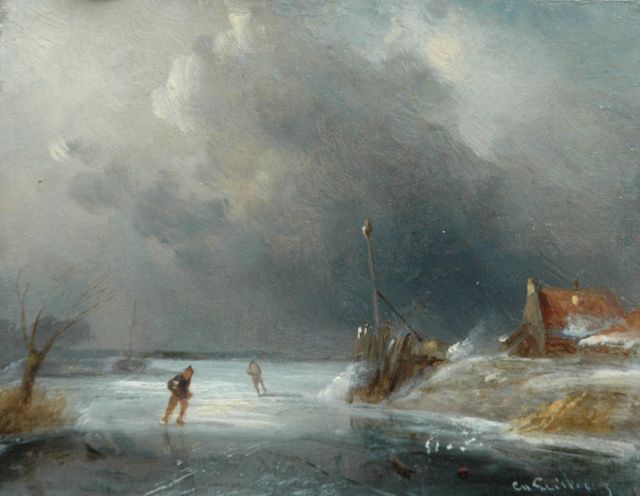 Charles Leickert | Twee schaatsers bij naderende sneeuwstorm, olieverf op paneel, 10,8 x 14,1 cm, gesigneerd r.o.