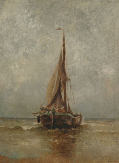 German Grobe | Vissersbom in de branding, Katwijk, olieverf op doek, 80,1 x 59,9 cm, gesigneerd r.o.