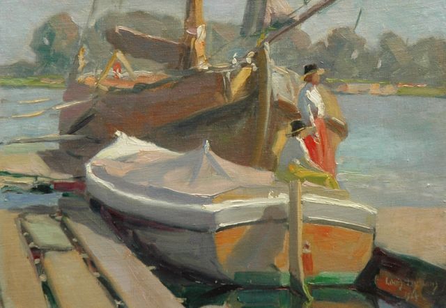 Louis Heijmans | Wachtend op de steiger, olieverf op doek op board, 24,9 x 34,9 cm, gesigneerd r.o. en gedateerd 1924