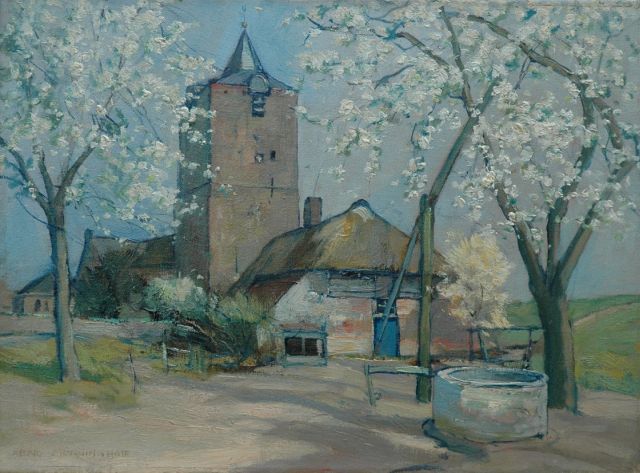 Xeno Münninghoff | Bloesembomen bij Nederlandse Hervormde Kerk, Dodewaard, olieverf op doek, 30,3 x 40,8 cm, gesigneerd l.o.