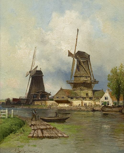 Piet Schipperus | Houtzaagmolens 'De Vlaggeman' en 'Het Haantje' aan de Schie bij Rotterdam, olieverf op paneel, 29,7 x 23,7 cm, gesigneerd l.o.