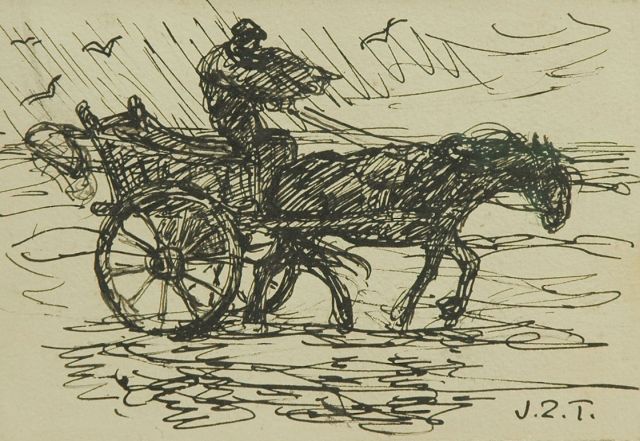 Jan Zoetelief Tromp | Schelpenvisser in de branding, Katwijk, pen en zwarte inkt op papier, 12,0 x 17,6 cm, gesigneerd r.o. met initialen
