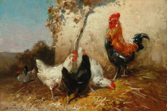 Henry Schouten | Scharrelende haan en hennen, olieverf op paneel, 16,9 x 24,7 cm, gesigneerd l.o.