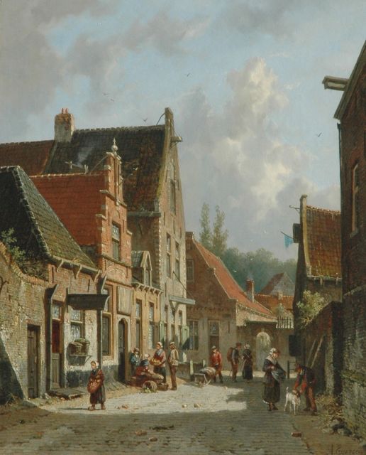 Adrianus Eversen | Hollands straatje met figuren en groenteverkoopster, olieverf op paneel, 43,8 x 35,3 cm, gesigneerd r.o. voluit en met monogram