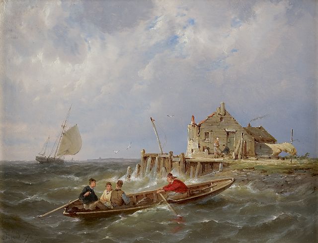 Pieter Cornelis  Dommershuijzen | Vissers bij een haveningang, olieverf op paneel, 19,9 x 25,4 cm, gesigneerd l.o. met initialen en gedateerd '87