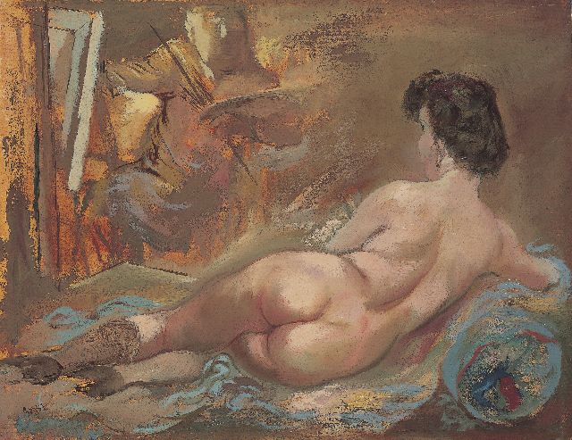 George Grosz | De schilder en zijn model, Eva Louise Peter, olieverf op papier op schildersboard, 48,4 x 62,4 cm, gesigneerd l.o. en te dateren ca. 1938-1942