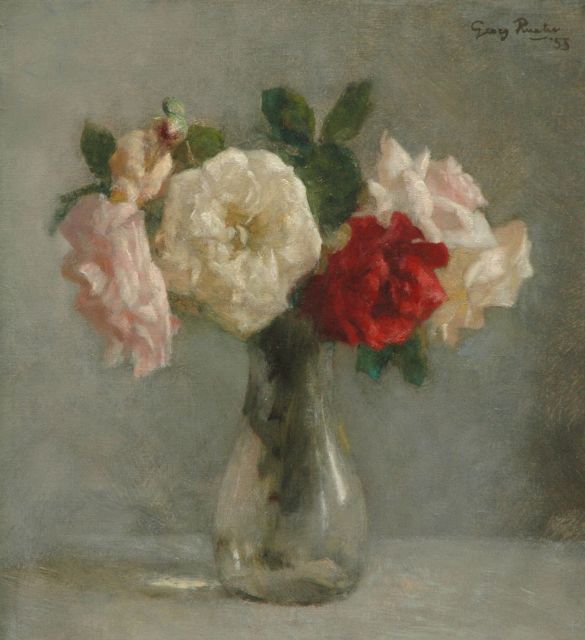 Georg Rueter | Rozen in glazen vaas, olieverf op doek, 46,0 x 42,0 cm, gesigneerd r.b. en gedateerd '53
