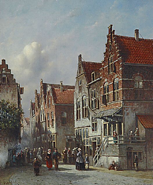 Petrus Gerardus Vertin | Drukbevolkt zomers straatje, olieverf op paneel, 36,7 x 30,4 cm, gesigneerd l.o. en te dateren ca. 1860-1870