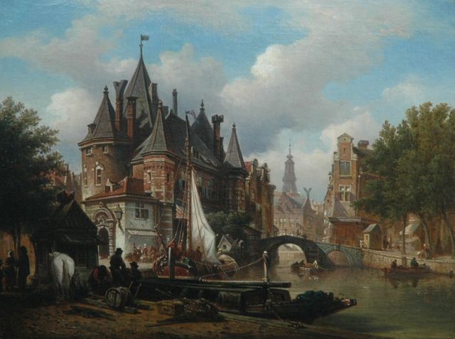 Bommel E.P. van | Stadsgezicht met de Amsterdamse Waag en de Zuiderkerkstoren, olieverf op doek op board 45,8 x 60,5 cm, gesigneerd r.v.h.m.